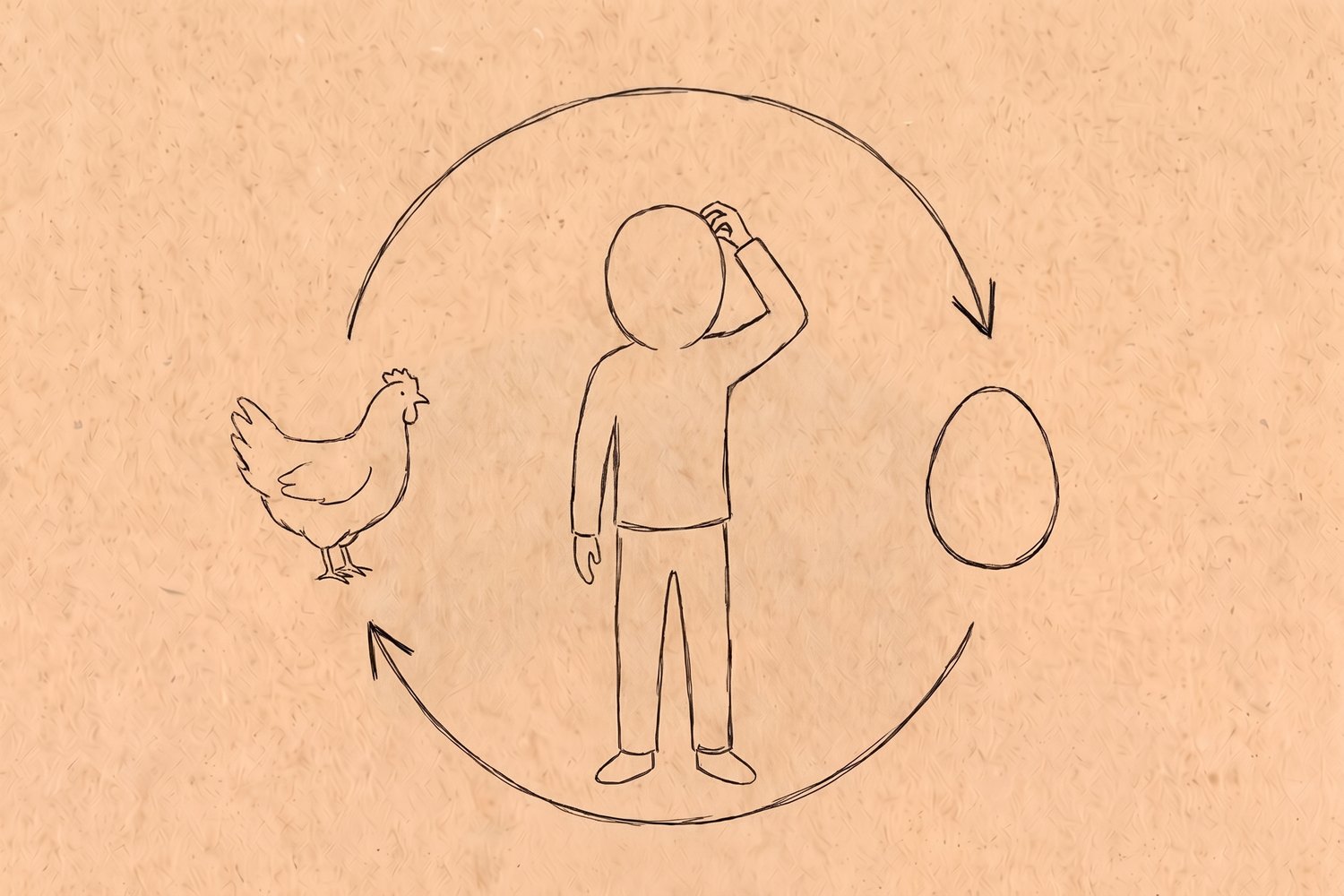 닭과 달걀 사이에 선 사람이 머리를 긁고 있고, 둘 사이를 둥근 화살표가 끝없이 돌고 있는 손그림