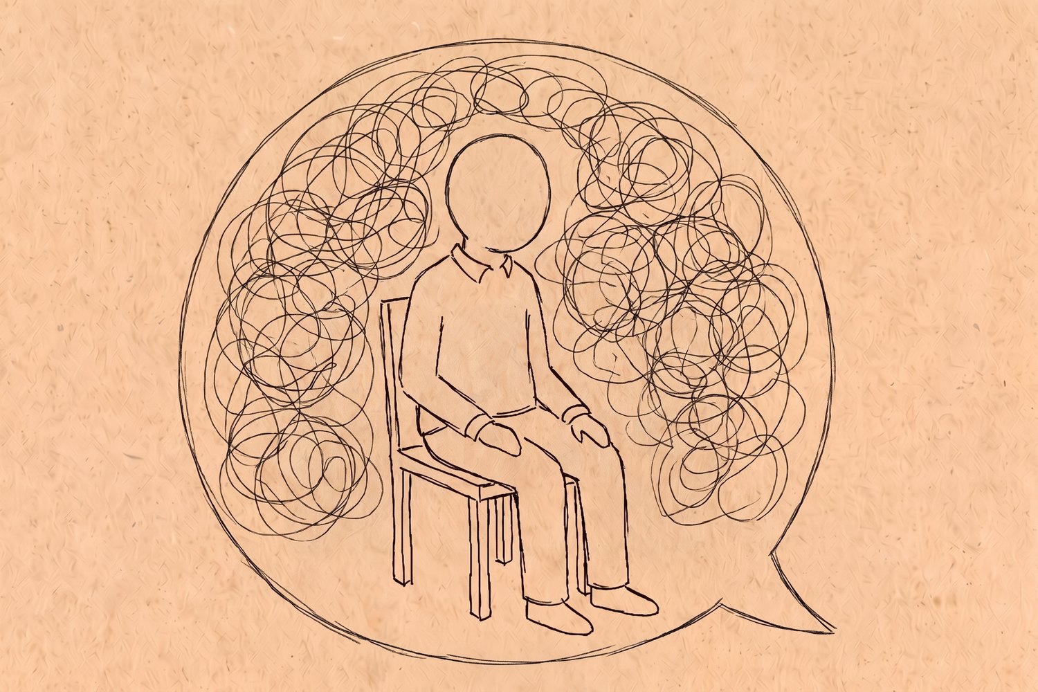의자에 앉은 사람을 커다란 말풍선 하나가 통째로 감싸고 있고, 말풍선 안쪽이 엉킨 선으로 가득 찬 손그림