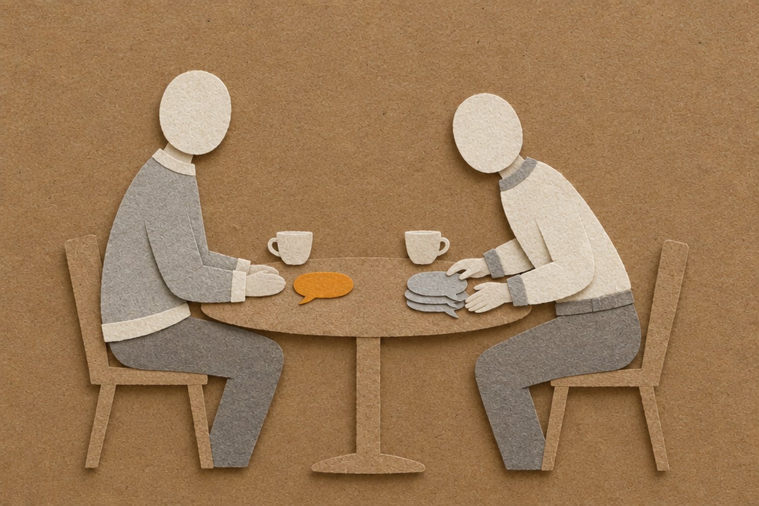 At a table with a teacup, a faceless figure sets the grey speech bubble from above their head off to one side and leans toward the person across the table. In front of that person sits a single scrap of orange paper
