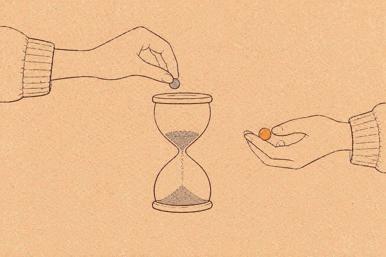 One hand drops a grey pebble into an hourglass while the other hand holds an orange marble apart from it