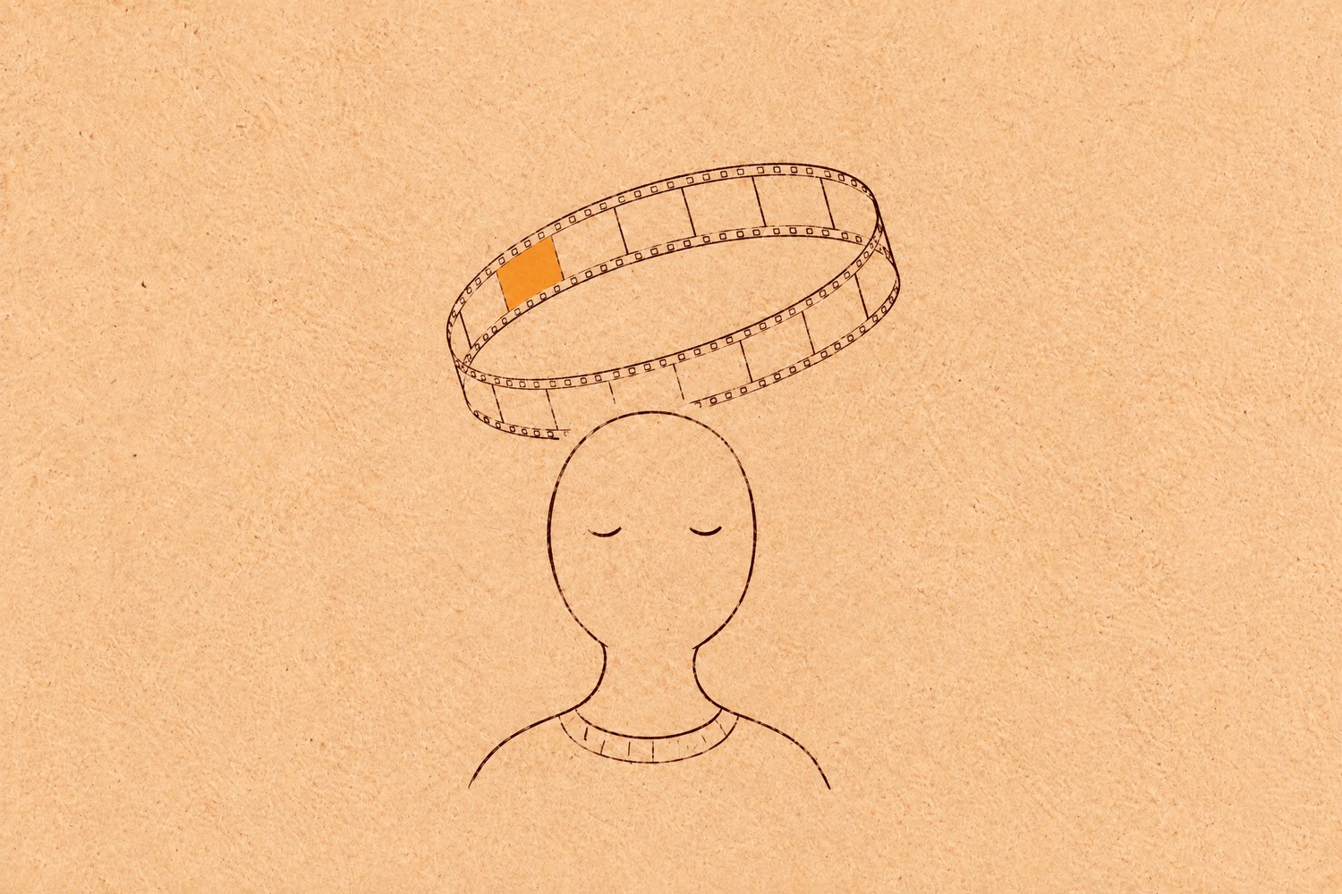 A single loop of film strip floats above a person's head, with one frame filled in orange and the rest empty