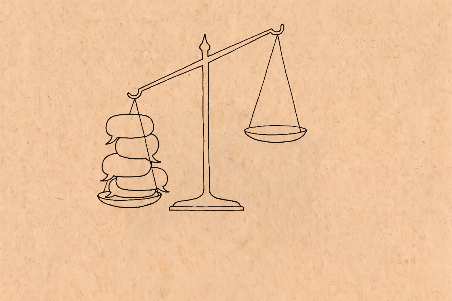양팔 저울 — 한쪽 접시에만 말풍선 다섯 개가 쌓여 완전히 기울고, 반대쪽 접시는 텅 빈 채 올라가 있다