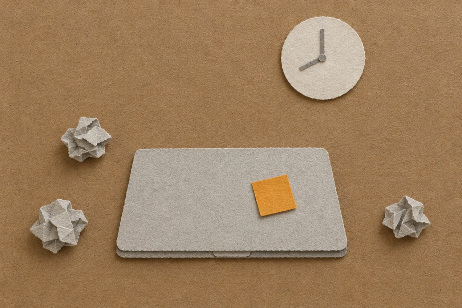 Bajo un reloj de pared que marca las 8, una nota adhesiva naranja pegada sobre una laptop cerrada, rodeada de bolas de papel gris arrugado