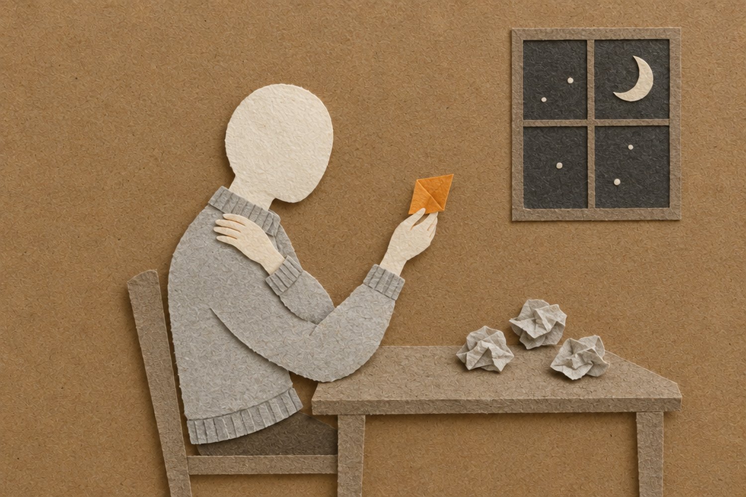 De noche, junto a la ventana, una persona sin rostro sentada a un escritorio apoya una mano en su propio hombro y sostiene en la otra un papel naranja. Sobre el escritorio hay bolas de papel gris arrugado