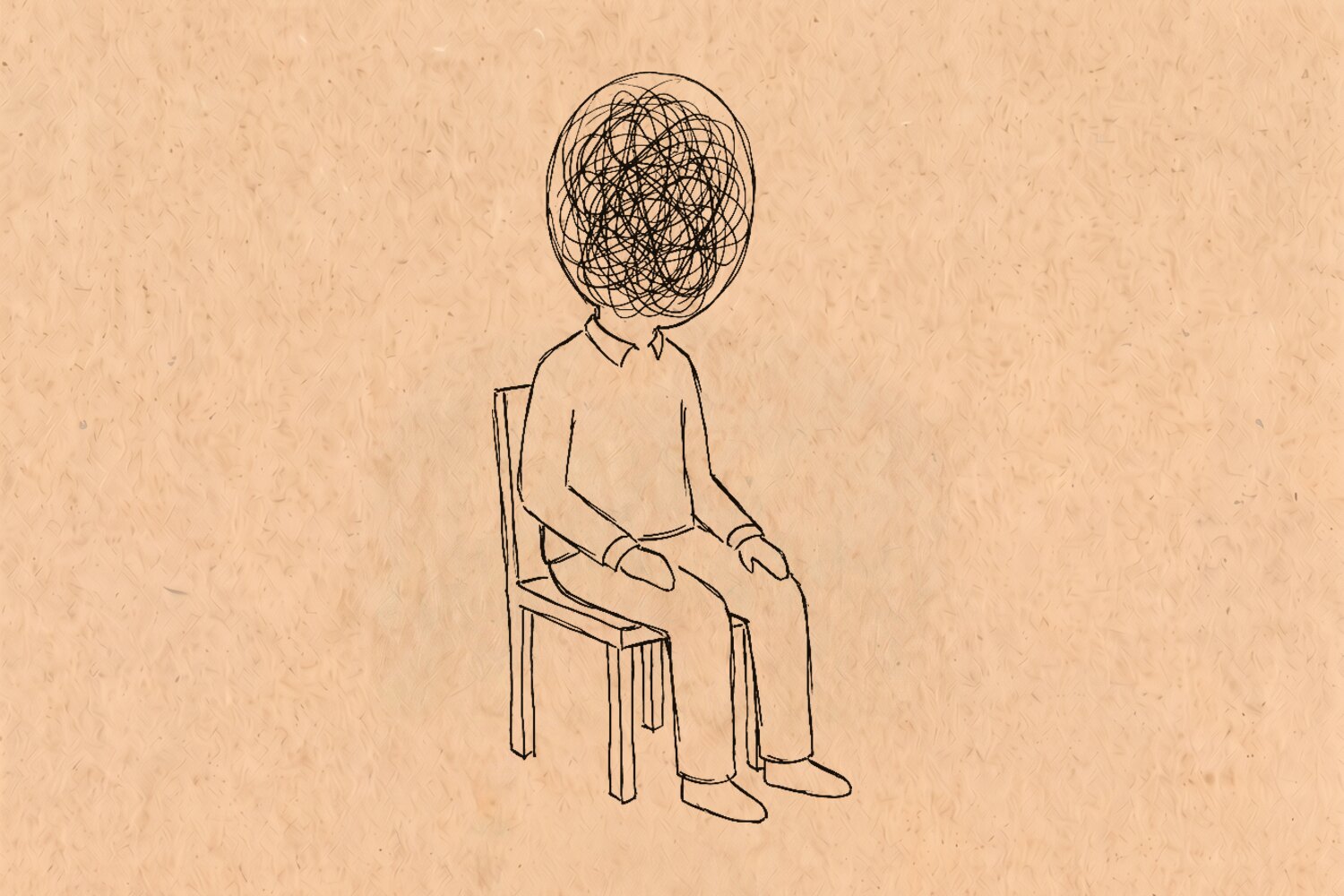의자에 가만히 앉은 사람 — 몸과 의자는 깨끗한 선인데 머리 안쪽만 엉킨 선으로 가득 차 있다