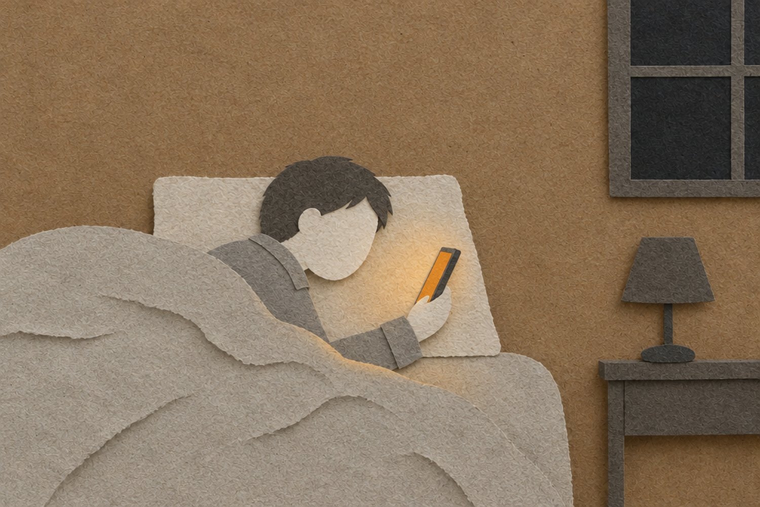 Un dormitorio de noche con la lámpara apagada y la ventana a oscuras. Una persona sin rostro, tapada con una manta gris, está acostada de lado mirando el teléfono que tiene en la mano. Lo único que brilla es la pantalla, con una luz naranja