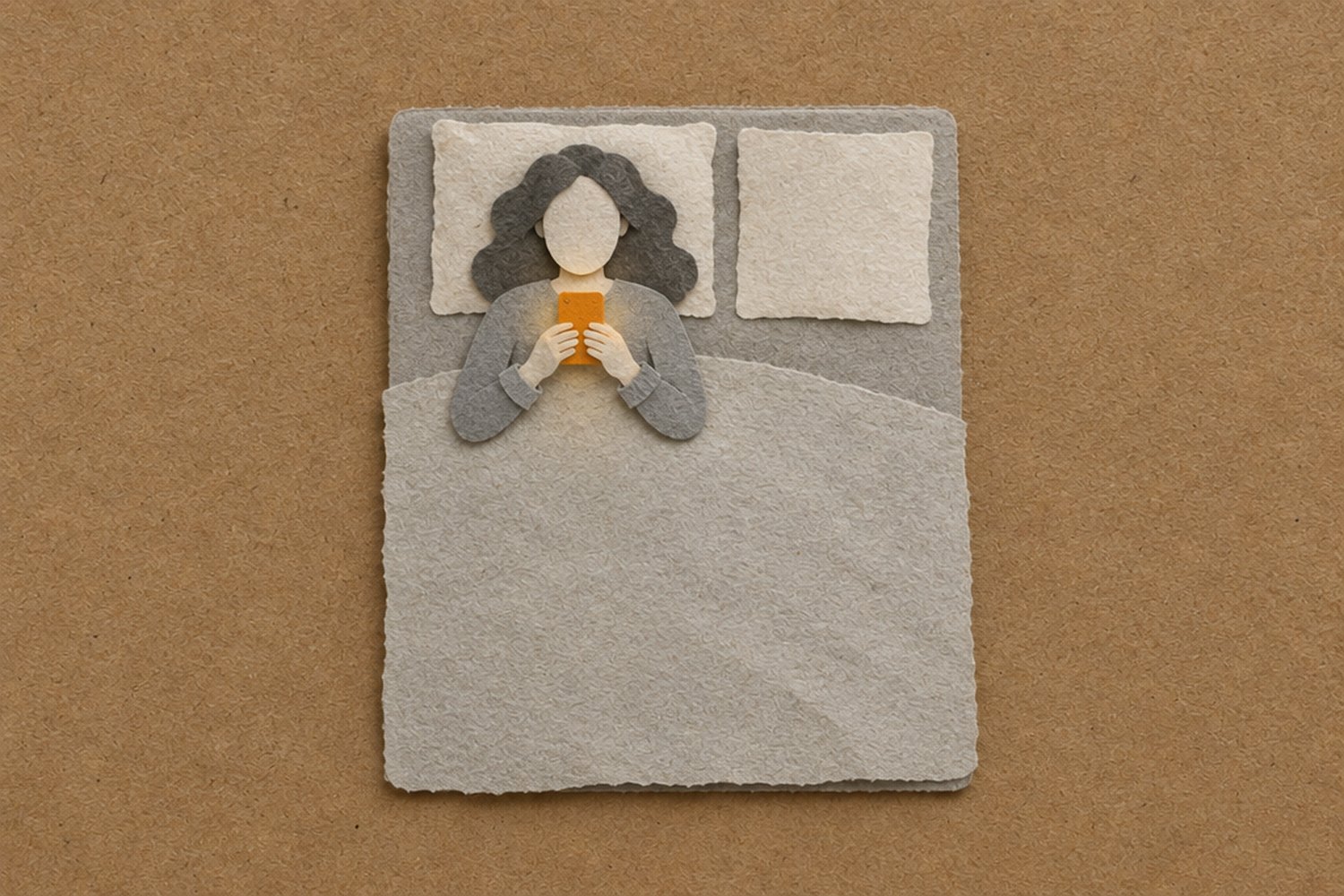 Una cama vista desde arriba. Una persona sin rostro está acostada boca arriba, con la manta hasta el pecho, sosteniendo el teléfono con las dos manos. La almohada de al lado está vacía y lo único iluminado es la pantalla, de color naranja