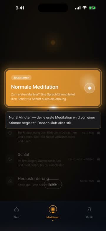 Die App beim ersten Start – vom Meditations-Tab aus eine kurze geführte Meditation, in der Sie zweimal auf den Bildschirm tippen und Ihre Atemzüge zählen