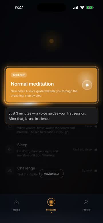 The app on first launch — starting from the meditation tab, a guided session where you double-tap the screen and count your breaths