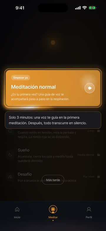 La app al abrirla por primera vez: desde la pestaña de meditación, una sesión guiada en la que tocas dos veces la pantalla y cuentas las respiraciones