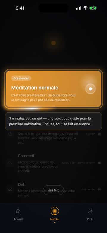 L’appli à la première ouverture — depuis l’onglet méditation, une séance guidée où vous tapez deux fois sur l’écran et comptez vos respirations