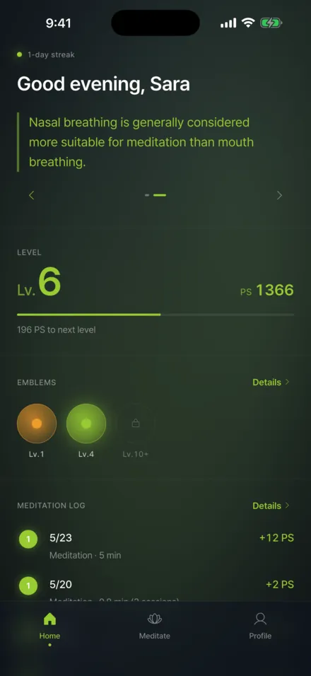 App home: level, badges and meditation log