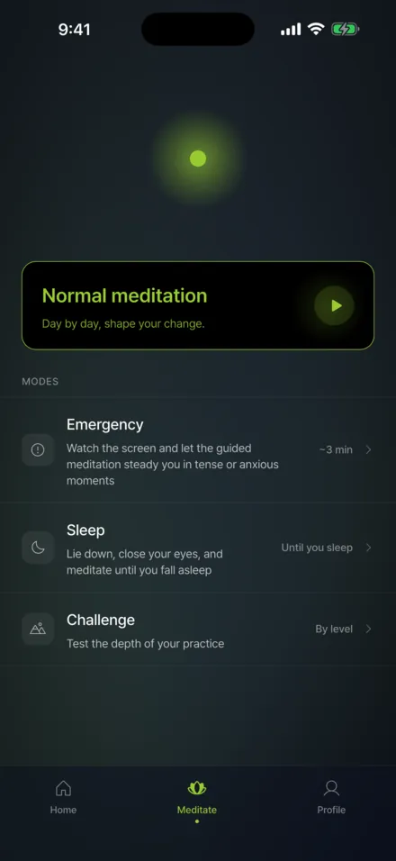 App meditation screen: standard meditation plus Emergency, Sleep and Challenge modes