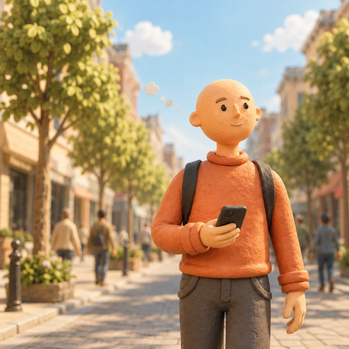 The same clay figure walking calmly down the same street, phone in hand, looking ahead; the thought pieces have drifted small behind them